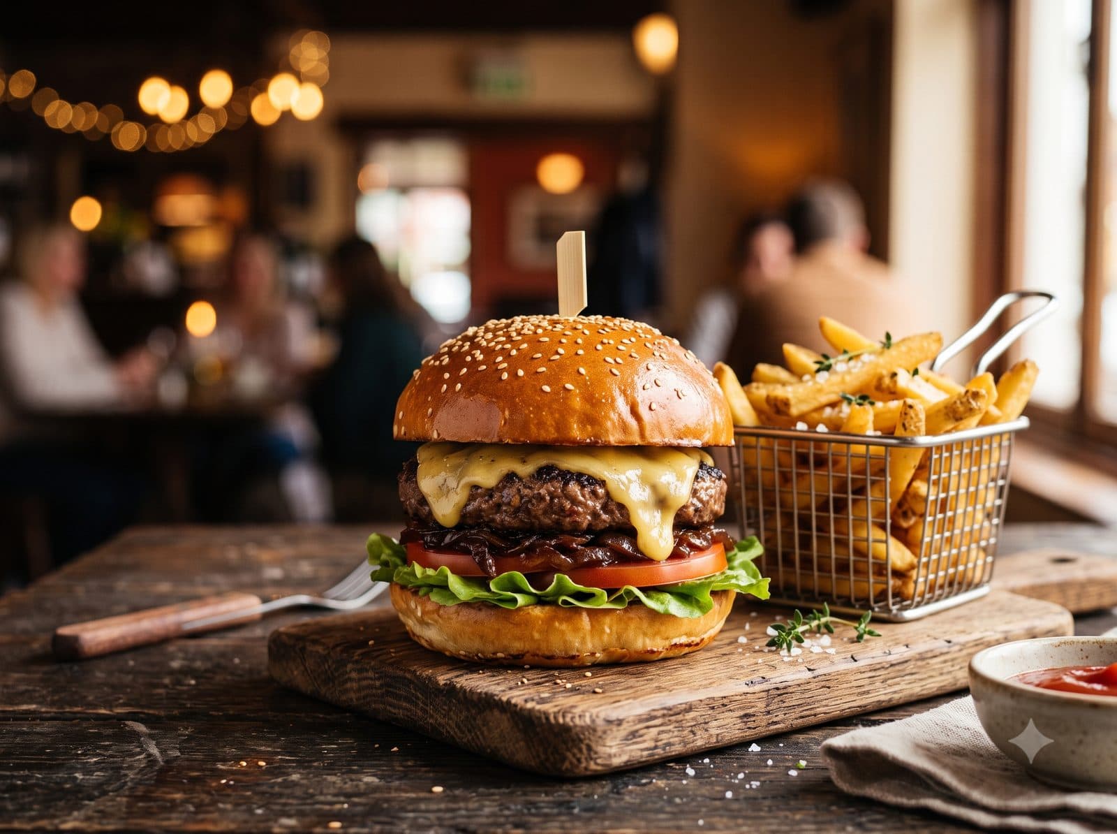 Burger artisanal au pain brioché avec frites maison
