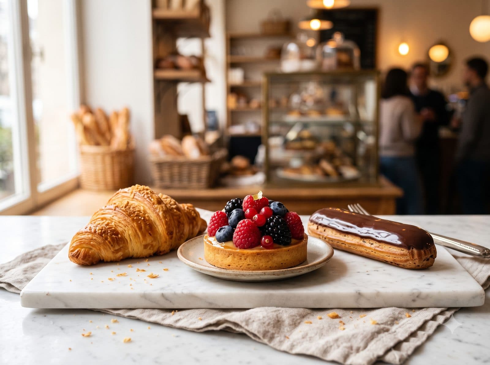 Trio de pâtisseries artisanales : tarte aux fruits, croissant et éclair