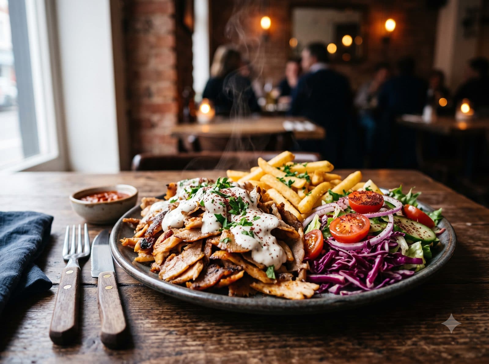Assiette kebab généreuse avec frites dorées et salade fraîche
