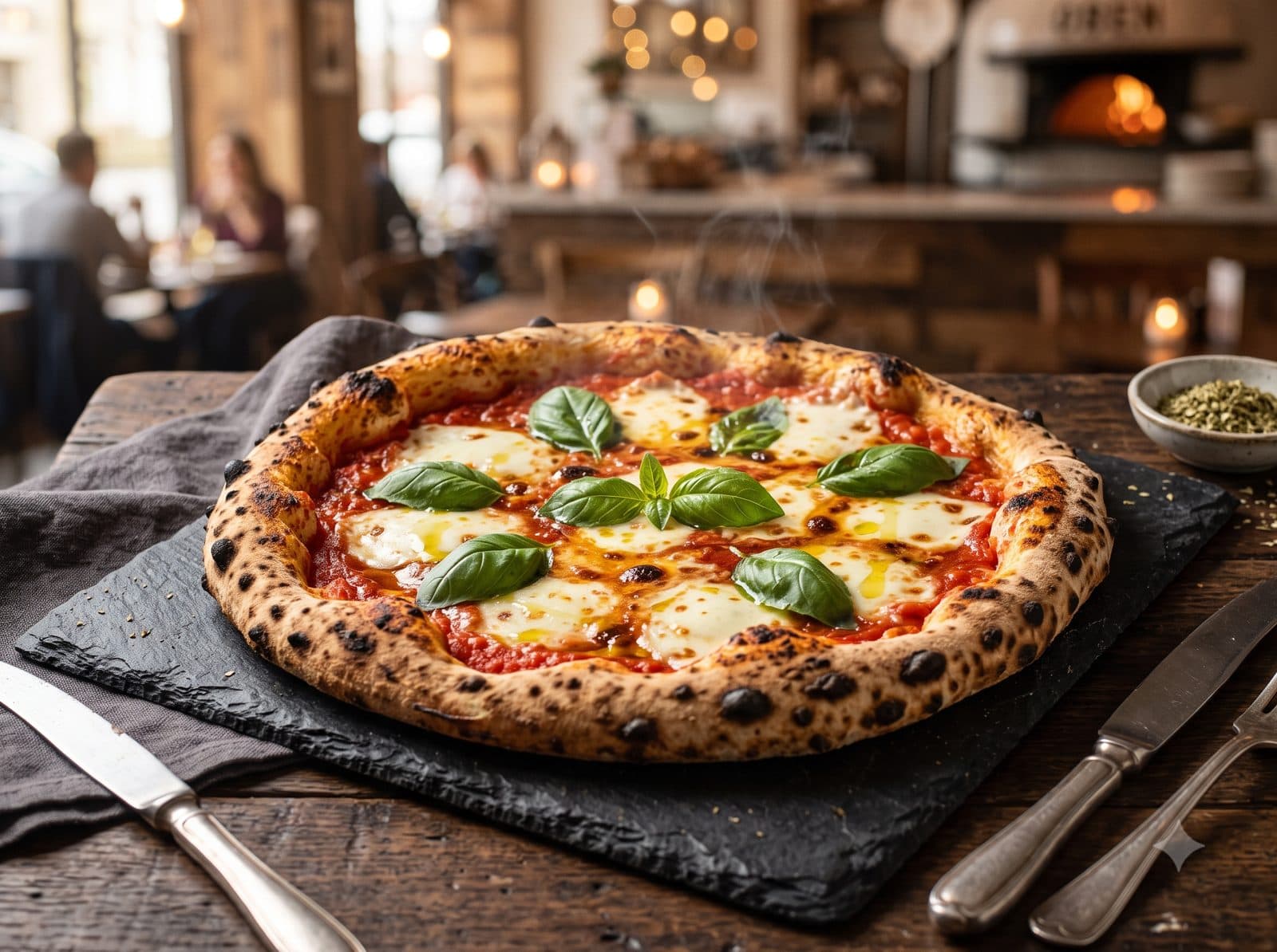 Pizza margherita au four à bois avec mozzarella et basilic frais