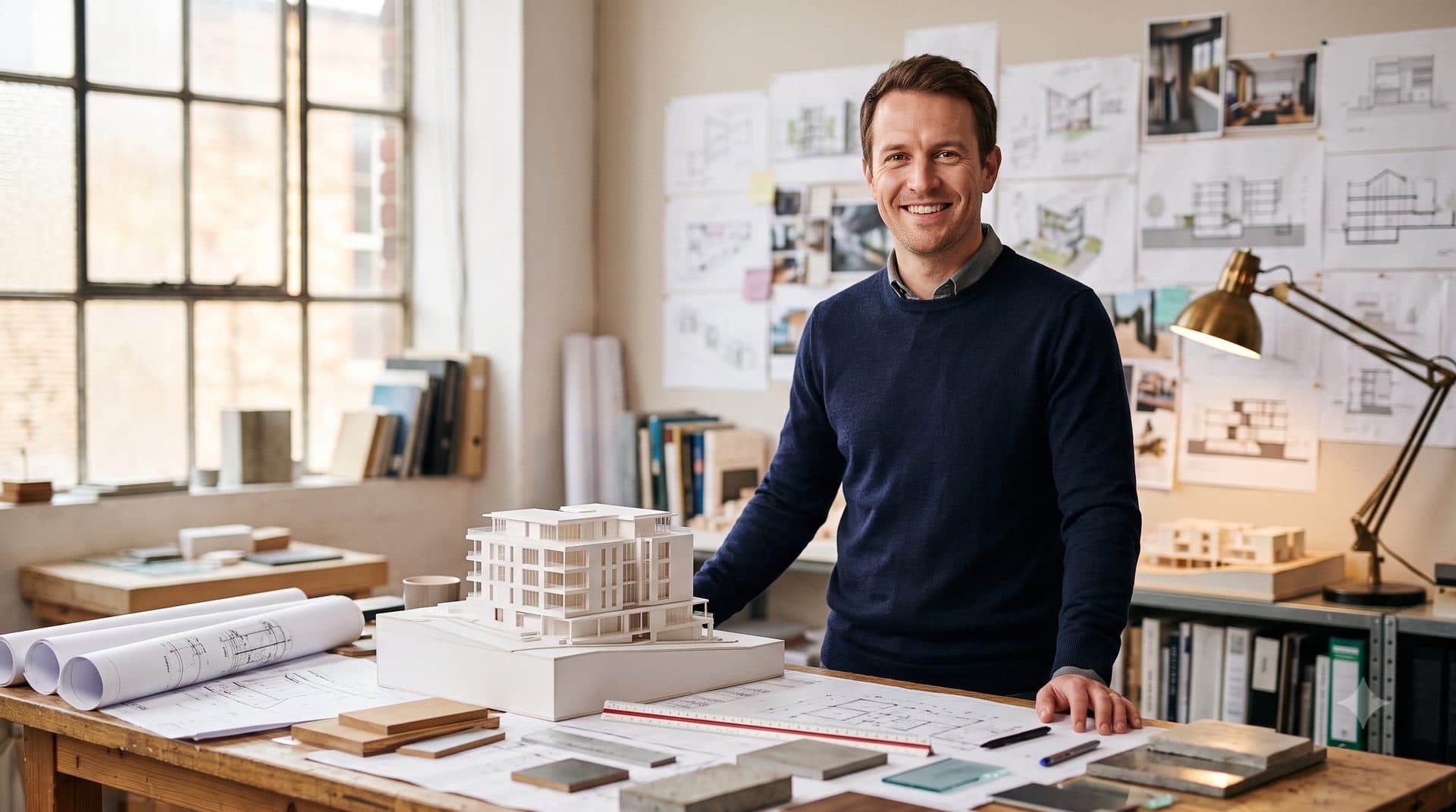 Architecte souriant à côté d'une maquette dans son atelier