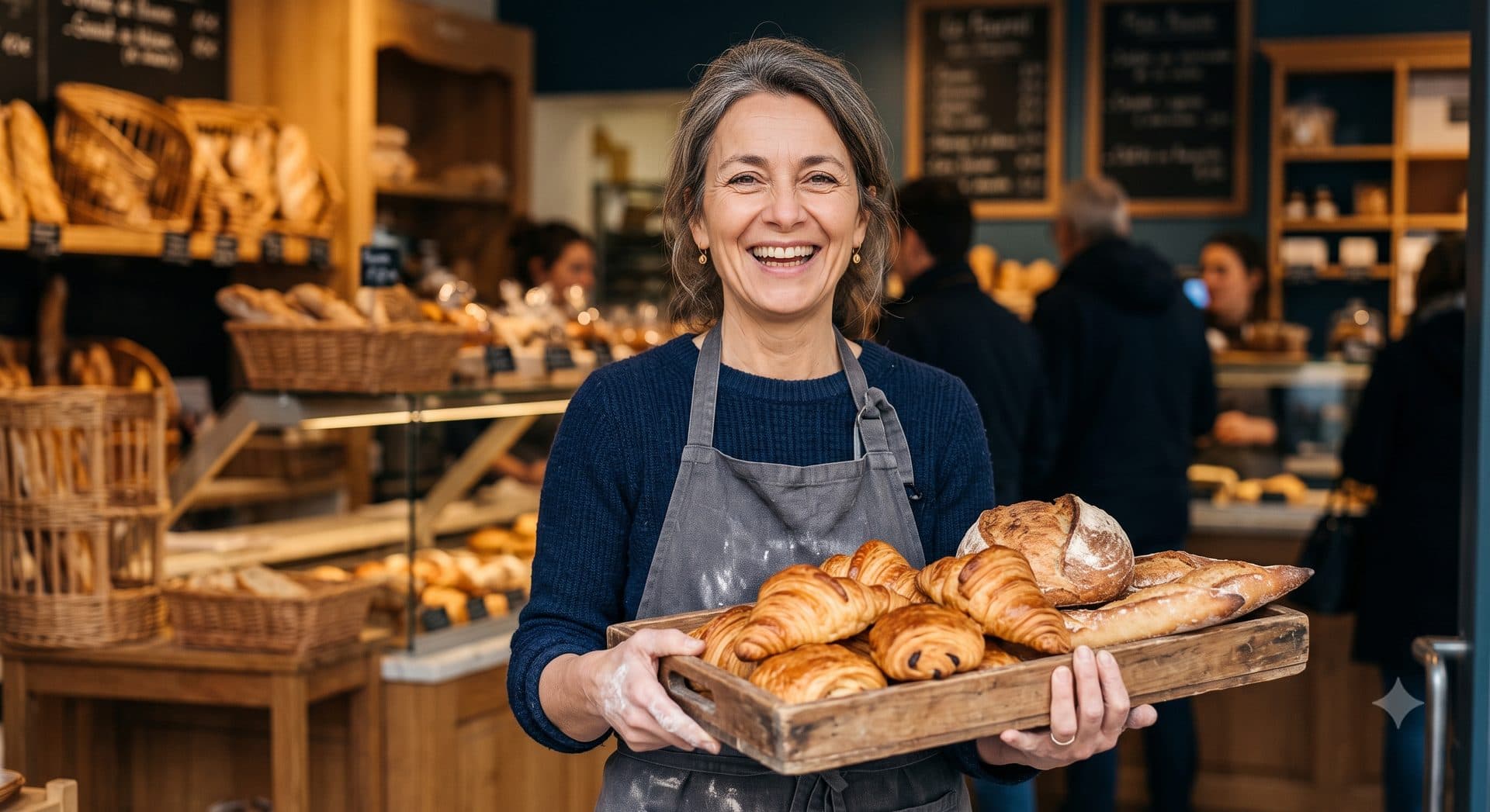 Boulangère souriante tenant un plateau de croissants frais