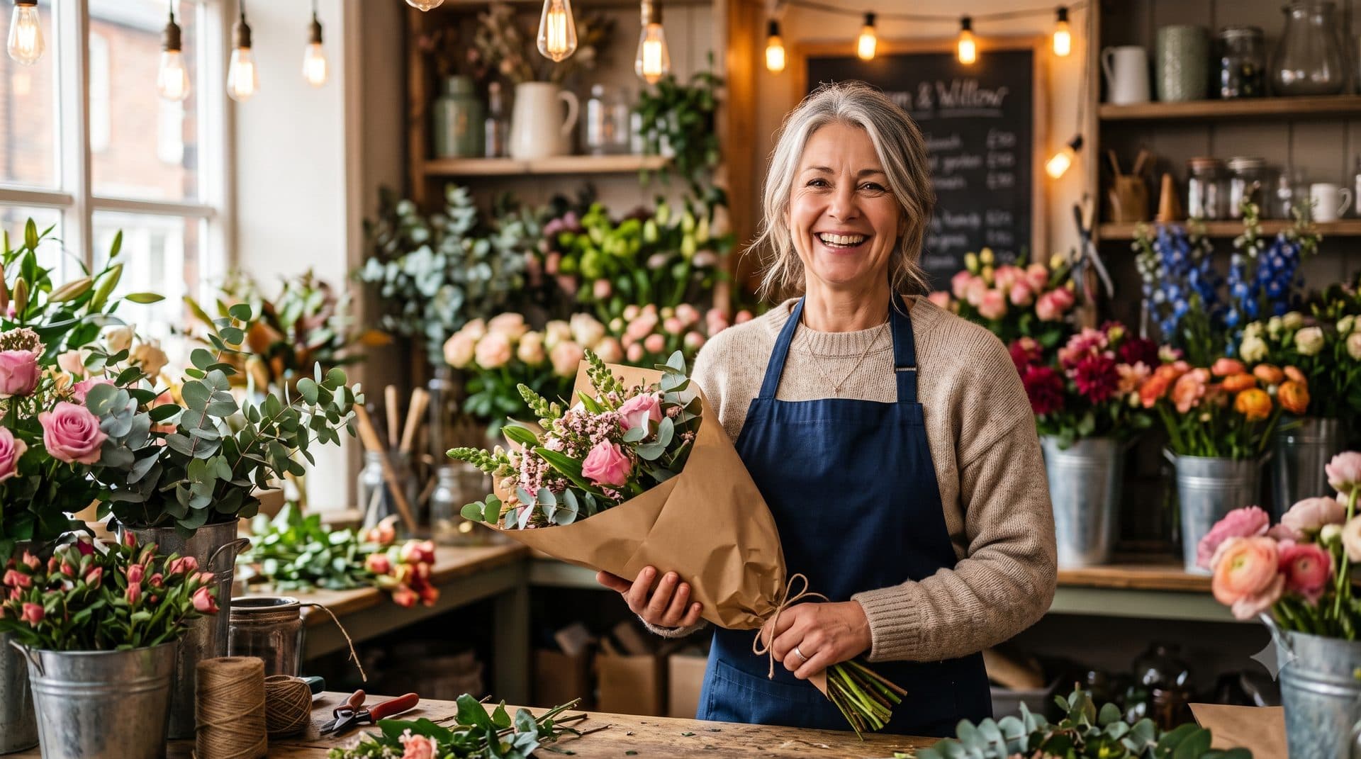 Fleuriste souriante tenant un bouquet dans sa boutique