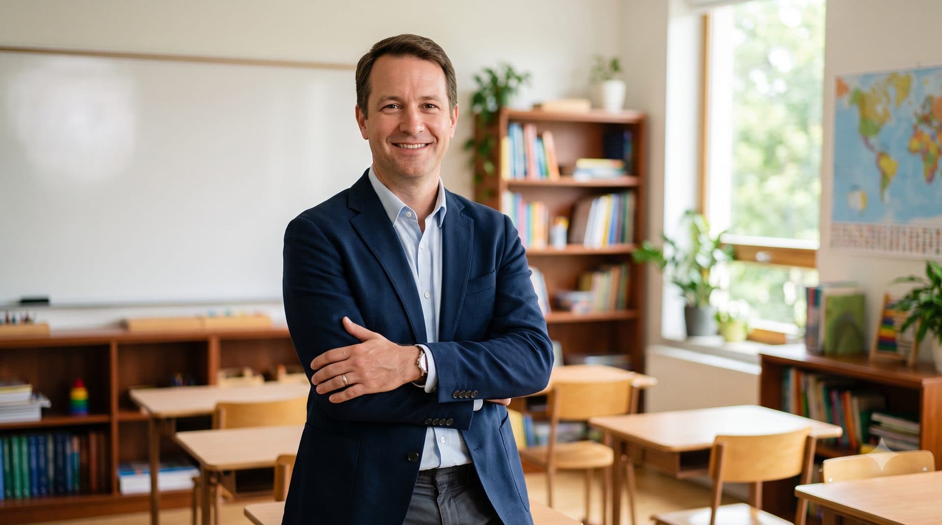 Directeur d'école souriant dans une salle de classe lumineuse