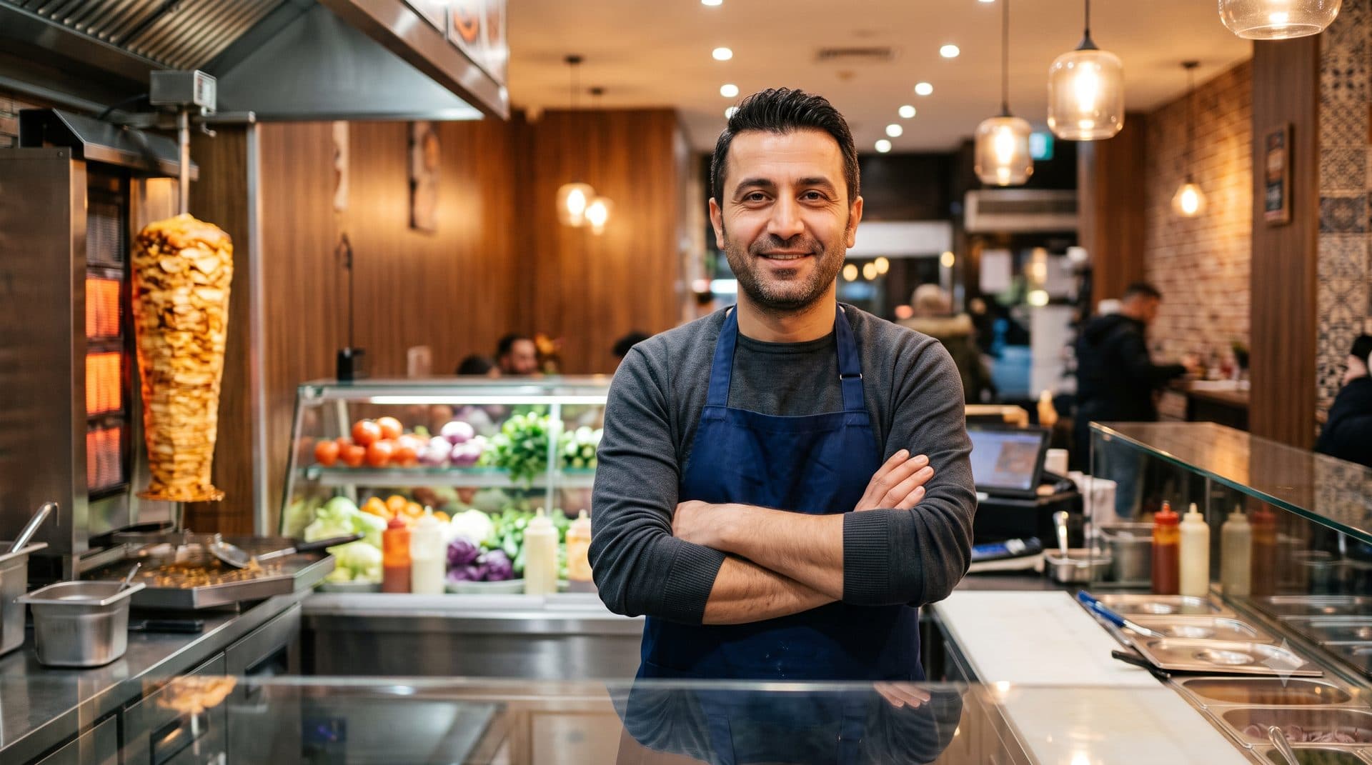 Patron de kebab souriant derrière son comptoir, devant sa rôtissoire