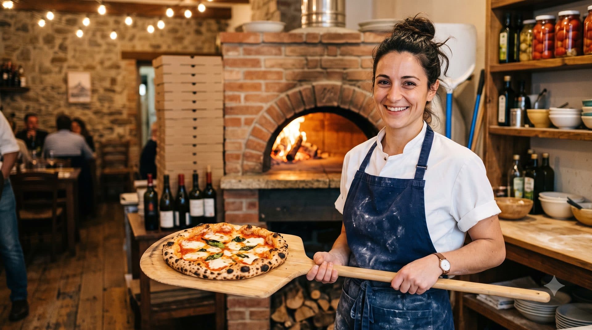 Pizzaïola souriante devant son four à bois, pizza margherita à la main