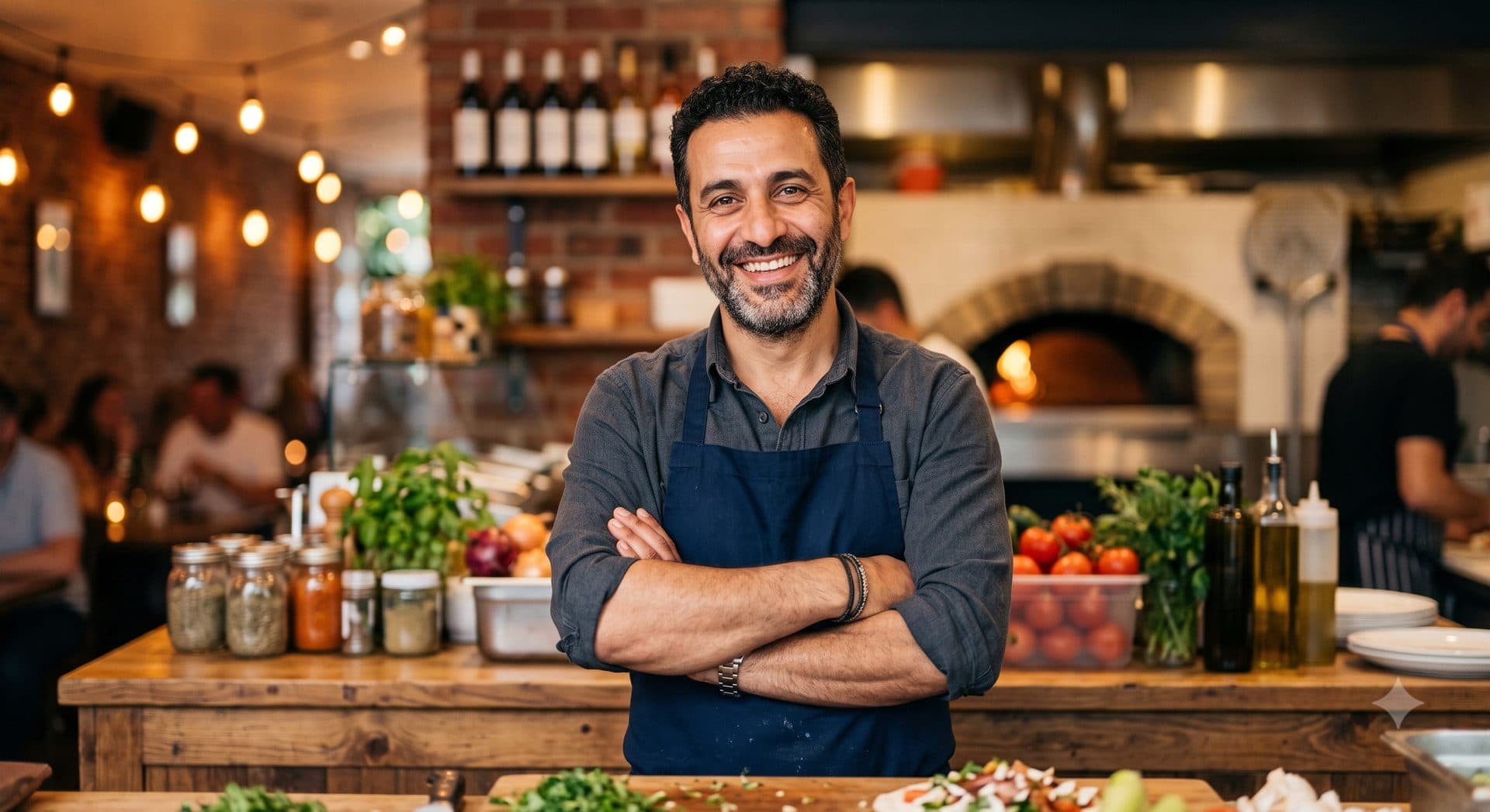 Restaurateur souriant dans son établissement, prêt à accueillir les clients envoyés par l'IA