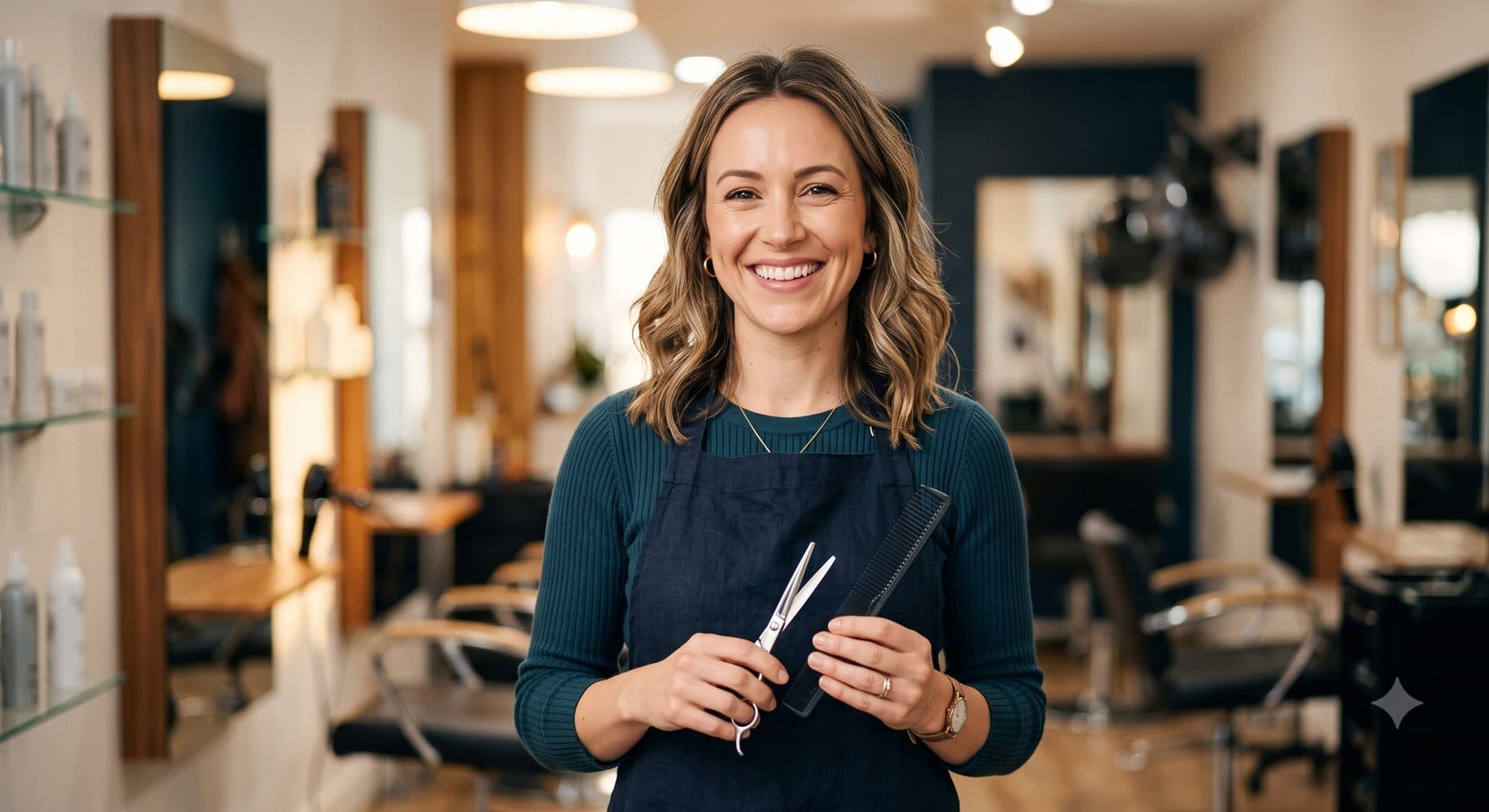 Coiffeuse souriante avec ciseaux et peigne dans son salon