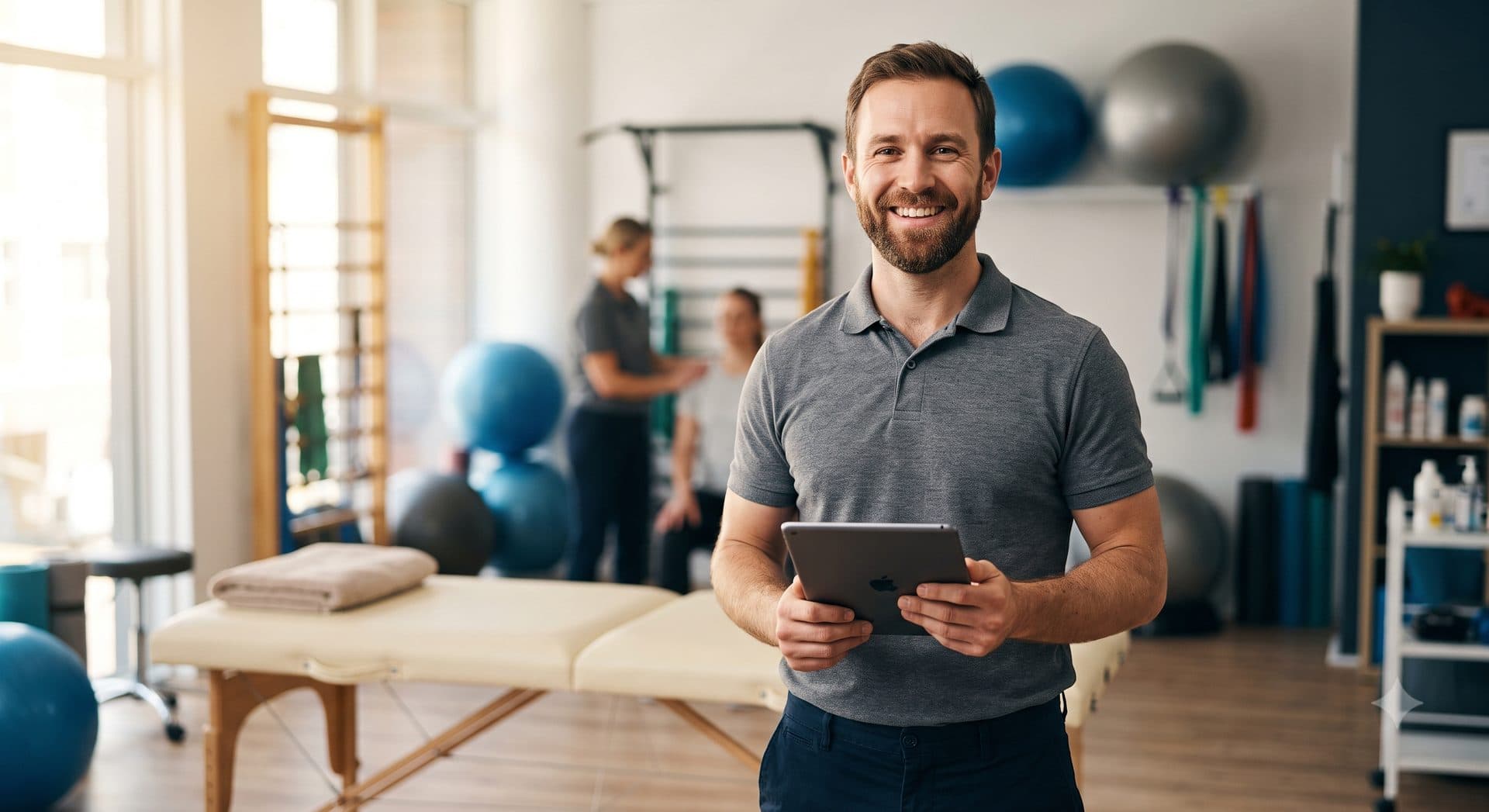 Physiothérapeute souriant avec une tablette dans son cabinet lumineux