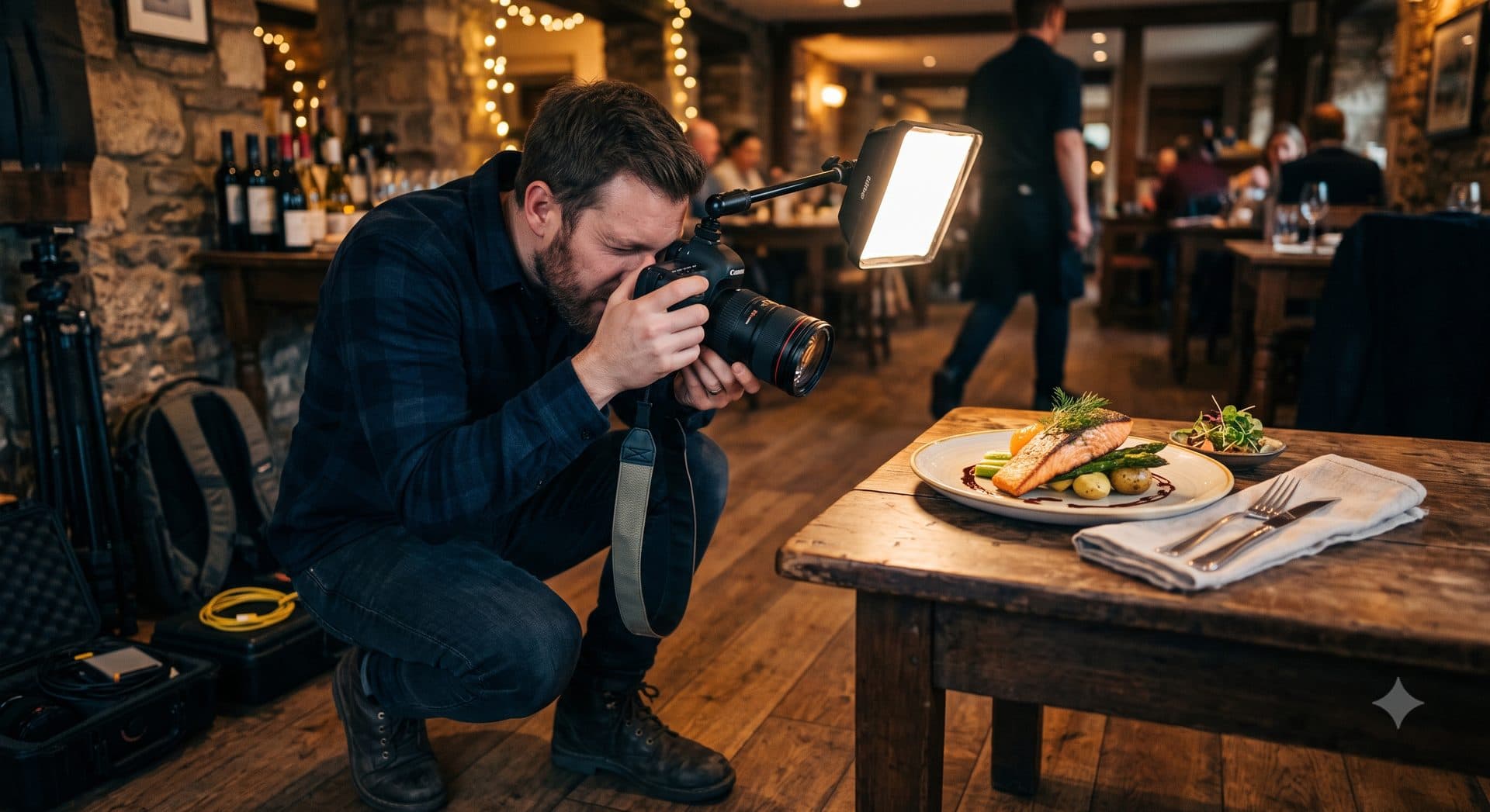 Photographe professionnel en train de photographier un plat dans un restaurant
