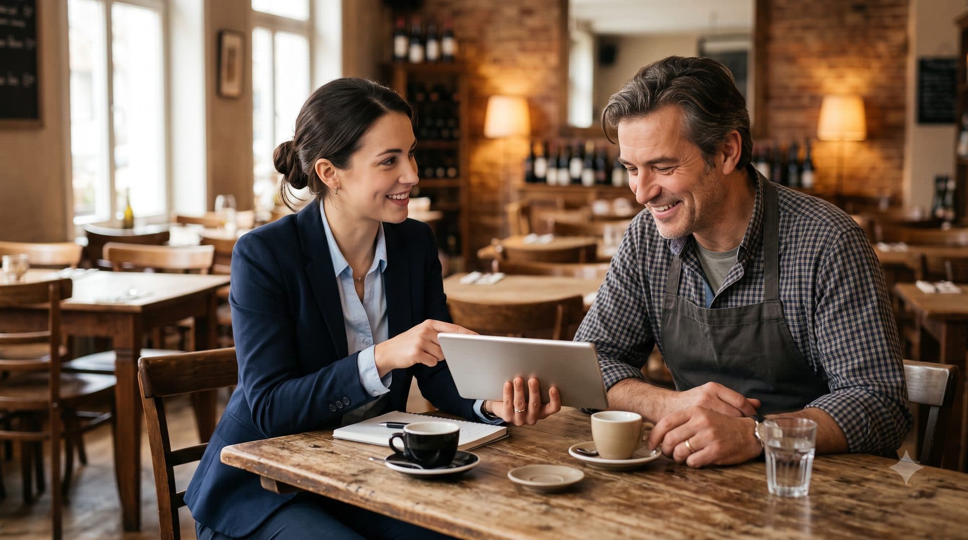 Consultante IWALINK présentant le nouveau site à un restaurateur, autour d'un café dans son établissement